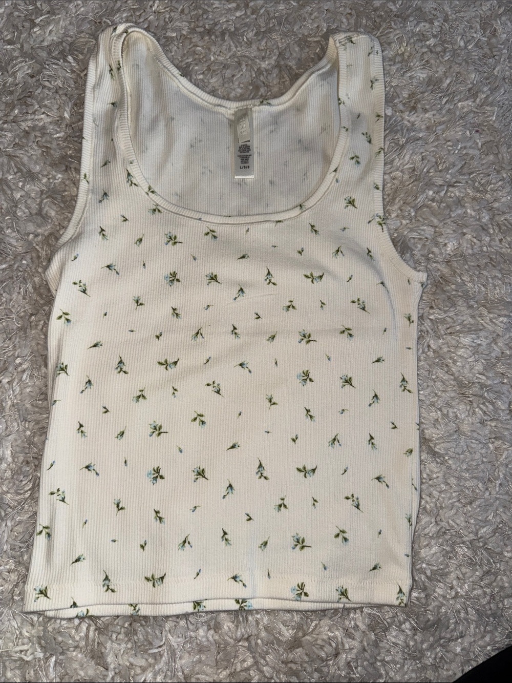 SKIMS Cotton Cream Ribbed Tank Top with Small Green Floral Print